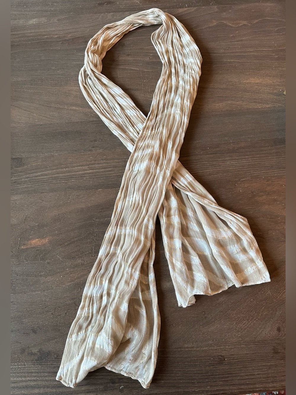 Chico's Taupe and Cream w/Gold Thread Crinkled Scarf